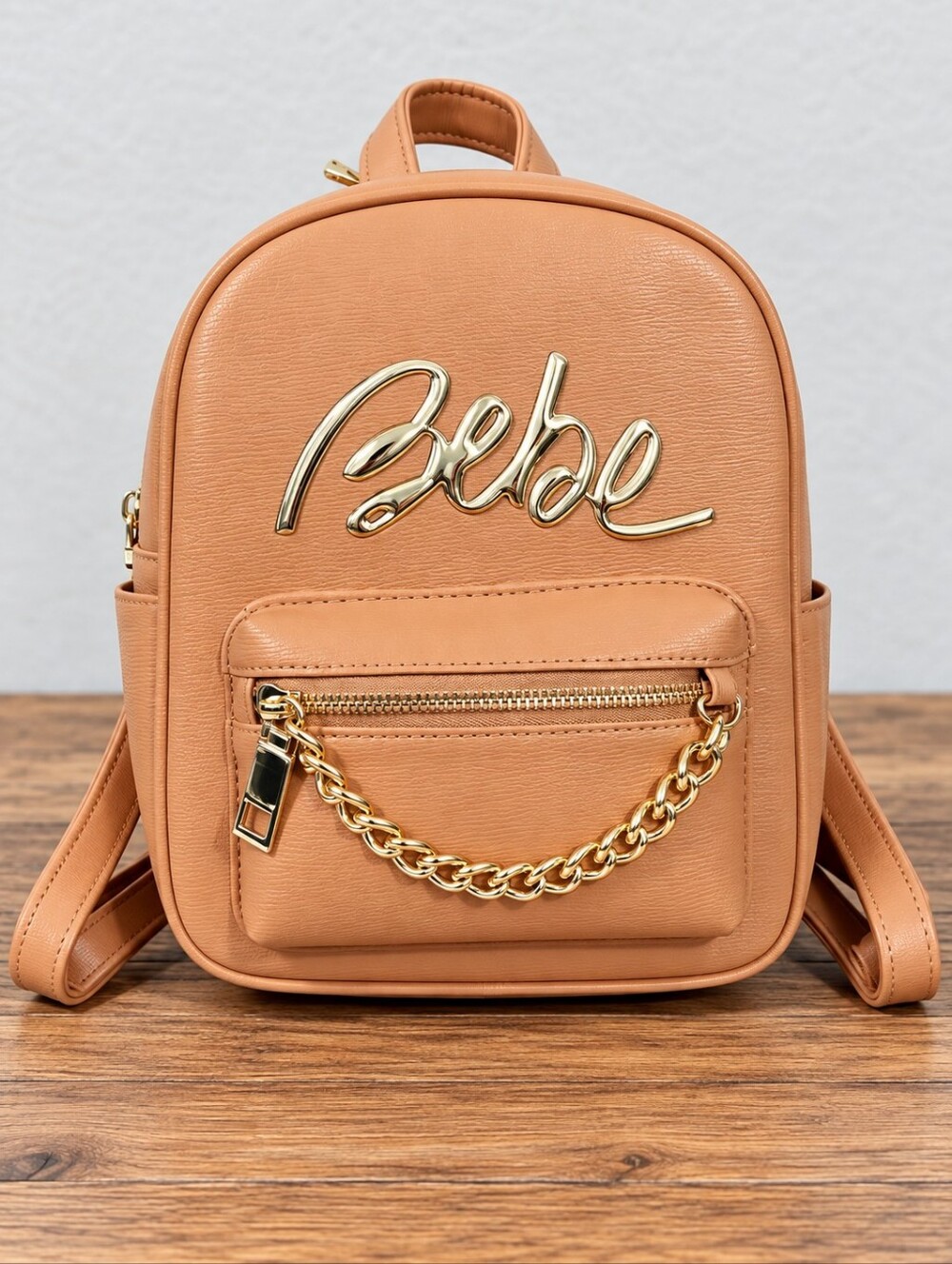 Bebe Gianna Mini Backpack Tan Gold Chain Logo Faux Leather Bag -C